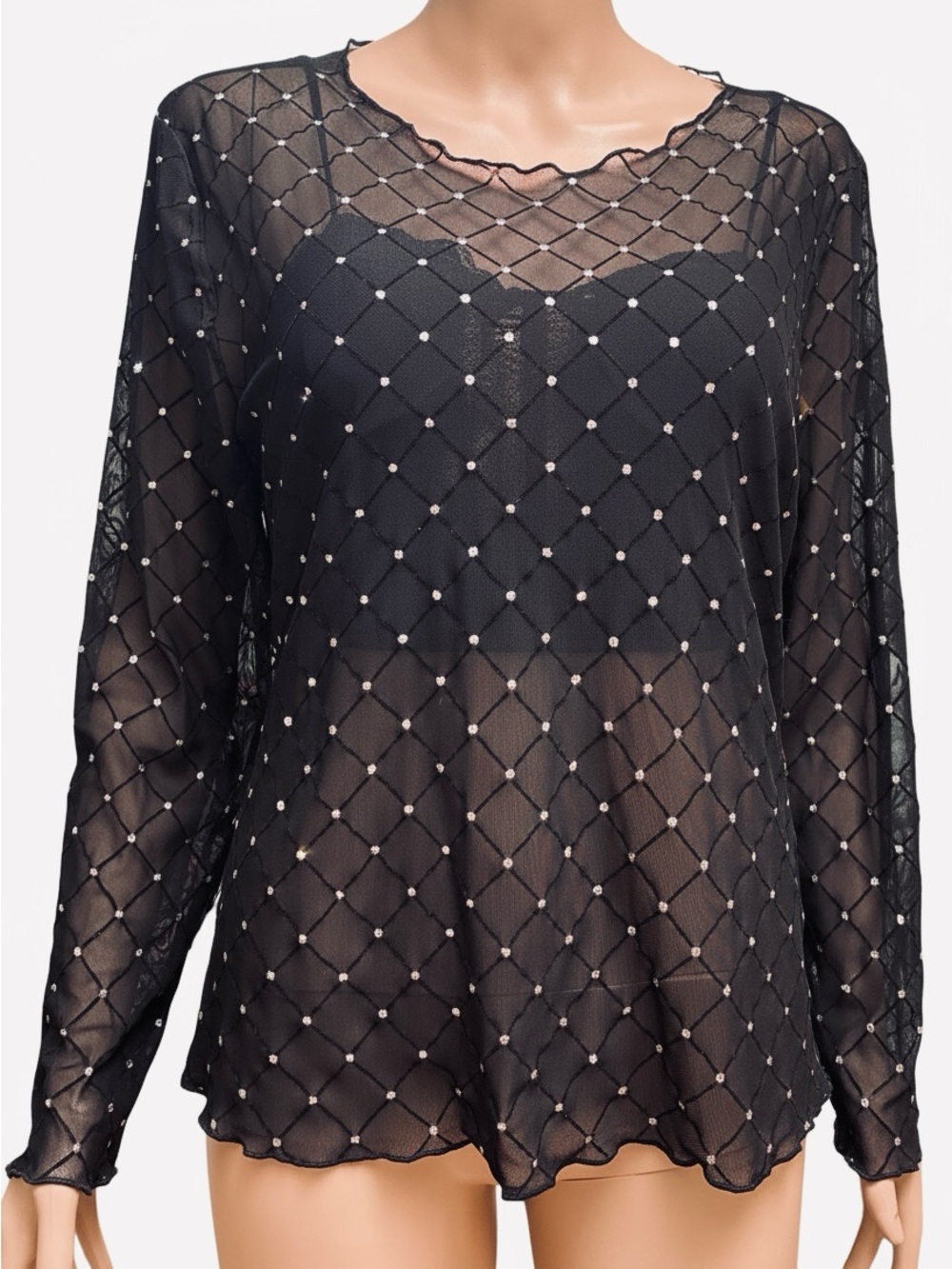Black Sheer Embellished Top Large